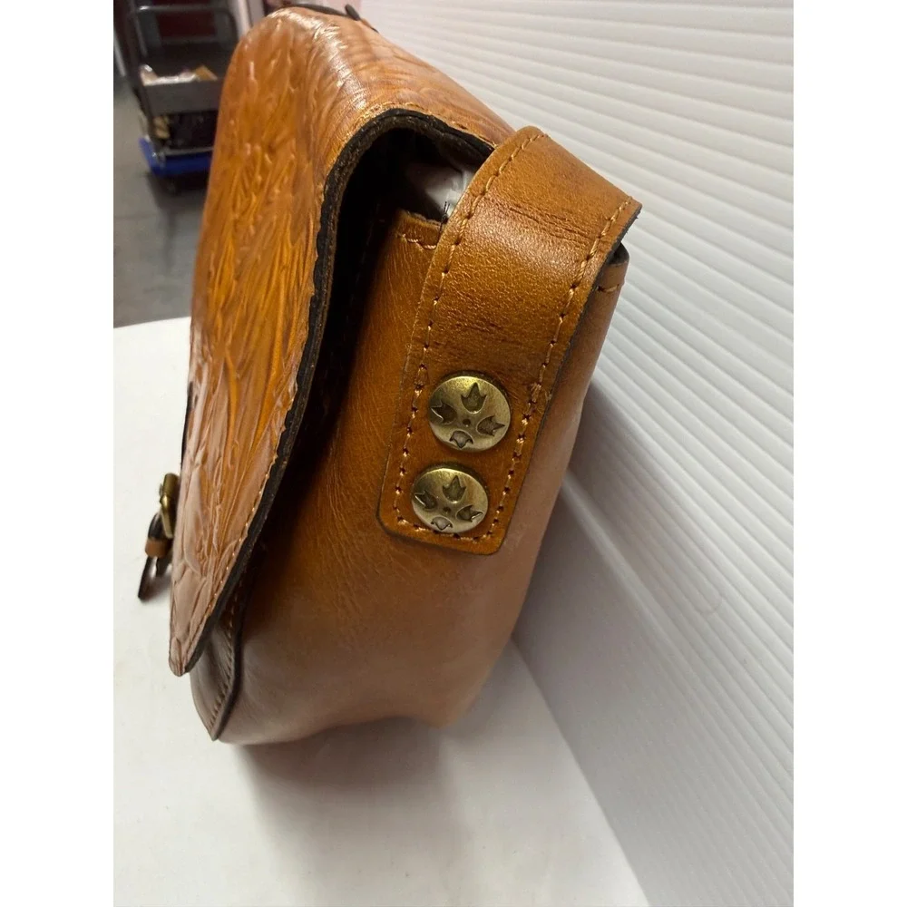 Patricia Nash ROSOLINI Leather Saddle Bag Satchel Crossbody~TOOLED TAN BROWN